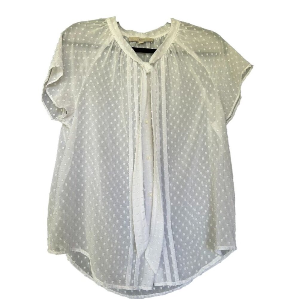Ann Taylor Loft White Swiss‎ Dot Blouse Short Sleeve Tie-Front Size M